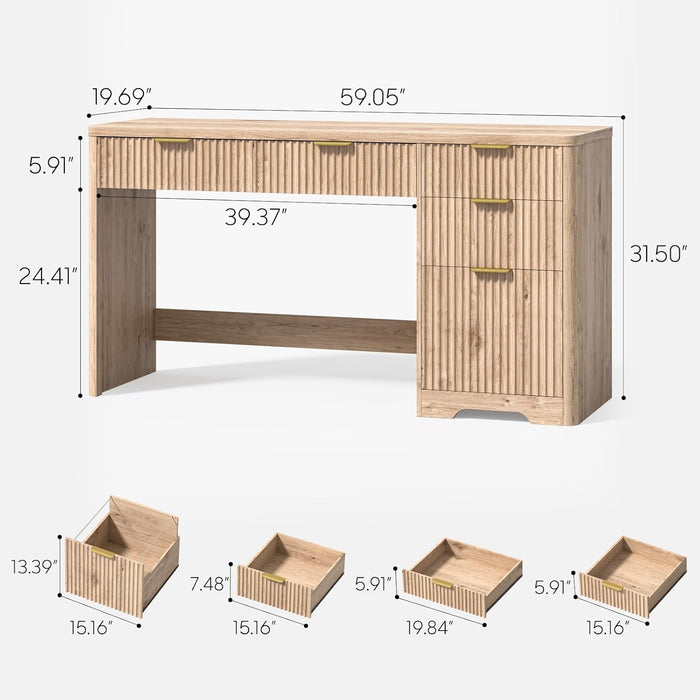 59" Fluted Executive Desk with Adjustable File Drawer, Workstation Computer Desk with 4 Storage Drawers, for Home Office, Study, Writing, Oak