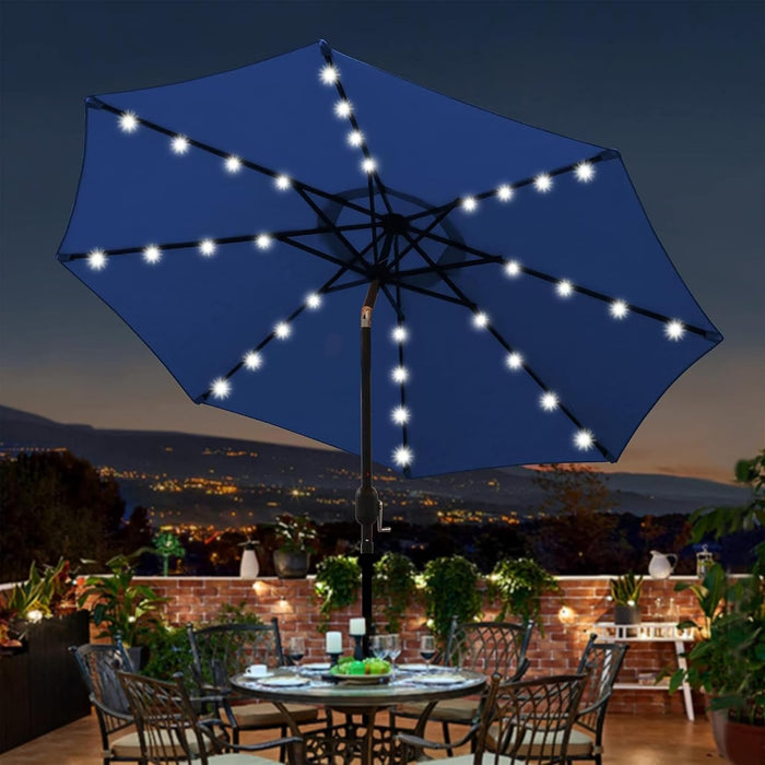 9 Ft Solar Umbrella 32 LED Lighted Patio Umbrella Table Market Umbrella with Tilt and Crank Outdoor Umbrella for Garden, Deck, Backyard, Pool and Beach (Navy Blue)