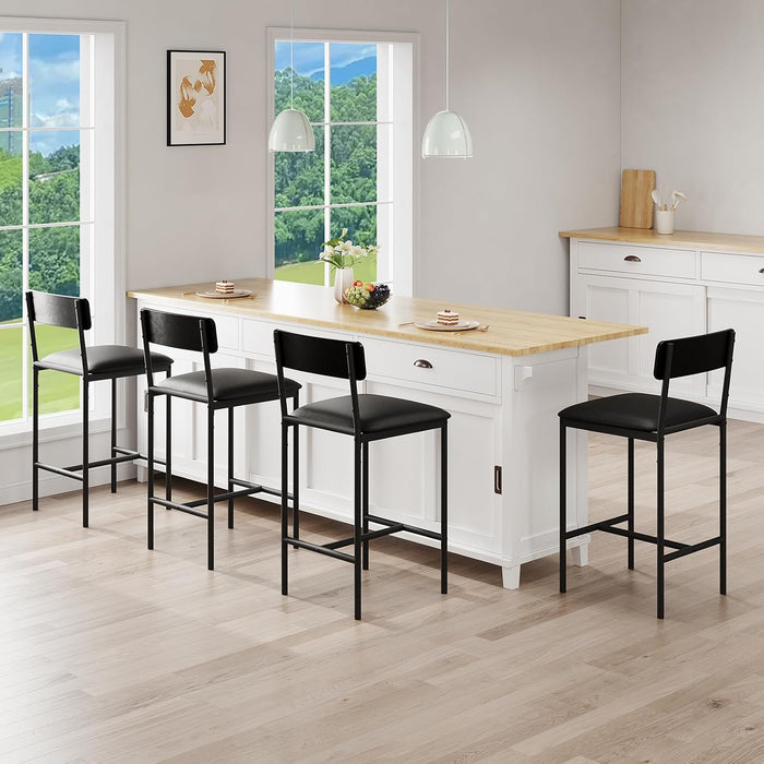 Bar Stools Set of 4, Kitchen Counter Height Chairs, 25.5 Inches Upholstered Black Barstools with Back, Bar Height Chairs for Counter Bar, Island, Easy Assembly