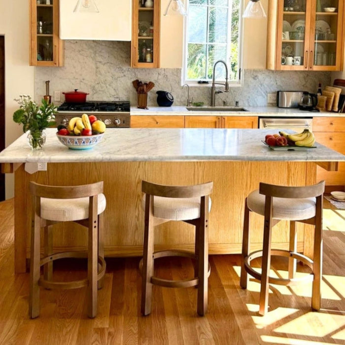 Bar Stools Set of 3, 26" Linen Fabric Upholstered Counter Height Bar Stools, Modern Barstools Counter Stools with Wood Legs for Kitchen Island Dining Room Bar, Beige