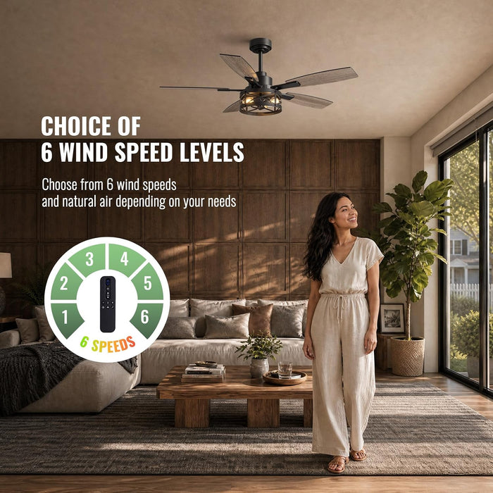 52 Inch Ceiling Fan with Light and Remote Control, Farmhouse Ceiling Fan with LED Lighting for Bedroom Living Room and Patio, Black Caged Ceiling Fan for Indoor and Outdoor(No Bulbs)