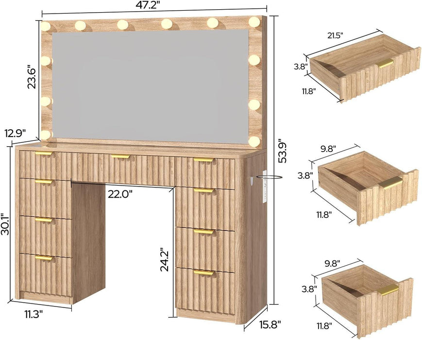 47" Fluted Vanity Desk with 42" Mirror & LED Lights, Large 9 Drawers Makeup Vanity Table with Tempered Glass Top & Charging Station, Waterfall Edge Design for Women&Girls, Bedroom or Dorm, Natural Oak
