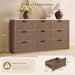 Rattan 9 Drawer Dresser for Bedroom, 63.1" Wide Modern Chest of Drawers with Faux Travertine Top, Solid Wooden Dresser TV Stand for Living Room, Nursery, Hallway, Dark Oak