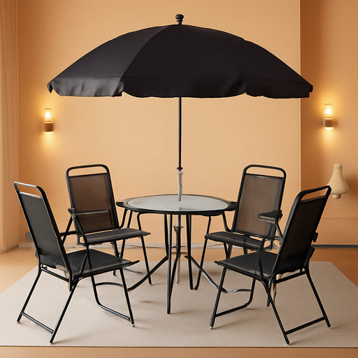 6 Piece Patio Dining Set with Umbrella, Outdoor Furniture Set with 4 Folding Chairs and Tempered Glass Top Dining Table Fot Lawn Backyard Garden Porch Black