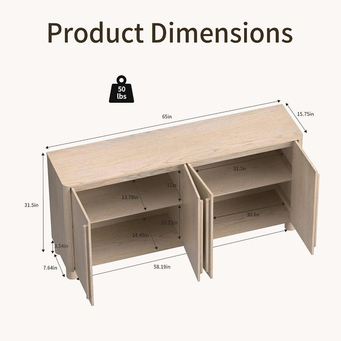 65" Sideboard Buffet Cabinet with Storage, Wood Grain Top Credenza with Adjustable Shelves, Curved Accent Cabinet with round Legs for Living Room, Entryway, Coffee Bar, Natural Wood