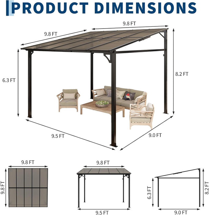 10 X 10 FT Wall Mounted Gazebo Pergola for Patio, Hardtop Gazebo with Sloped Polycarbonate Roof, Lean to Carport with 4-Pillar Aluminum Frame, Outdoor Garden Deck Shade for Decks, Backyard