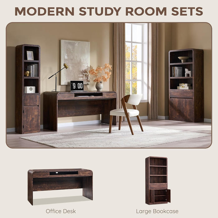 63" Modern Computer Desk with 2 Drawers, Wood Curved (Brown)