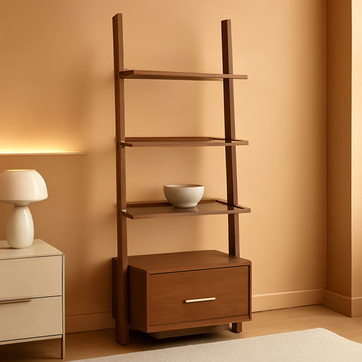 3 Tier American Heritage Ladder Bookcase with File Drawer, Dark Walnut