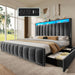 Queen Size Bed Frame with 4 Storage Drawers and RGB LED Lights, Velvet Upholstered Platform Bed with Charging Station and Bookcase Storage Headboard, No Box Spring Needed, Easy Assembly, Grey