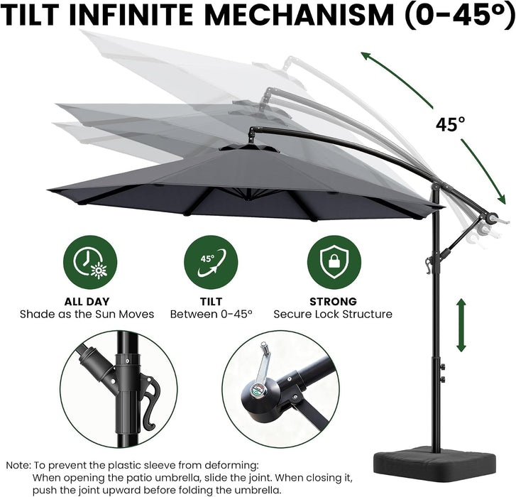 10FT Patio Umbrella with Base Included, Cantilever Offset Outdoor Patio Umbrella with 360° Rotation & Infinite Tilt, Fade-Resistant Yarn-Dyed Canopy, 8-Rib Steel Frame for Patio Pool Deck Backyard, Charcoal