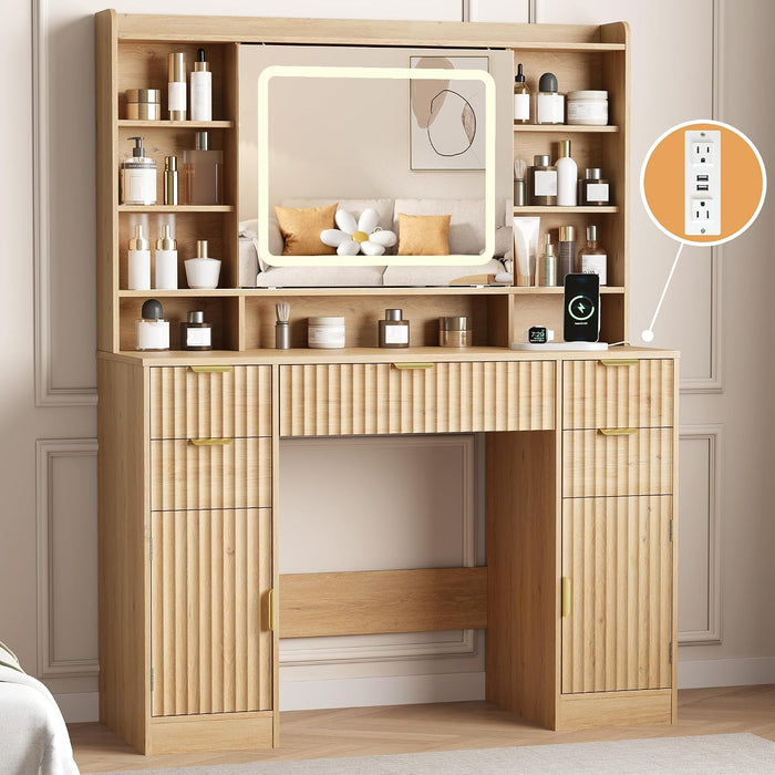 Makeup Vanity Desk with Mirror, Fluted Vanity with 5 Drawers and 2 Cabinets & Open Shelves and Power Outlet & Sliding Lighted Mirror and 3 Lighting Modes, Wood Dressing Table for Bedroom, Natural Oak