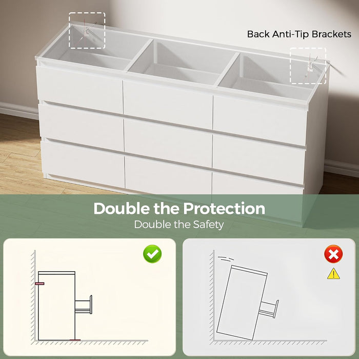 Modern 9 Drawer Dresser for Bedroom, Simply Chest of Drawers, Wood Storage Dresser with Deep Drawers for Living Room Hallway Entryway (White)