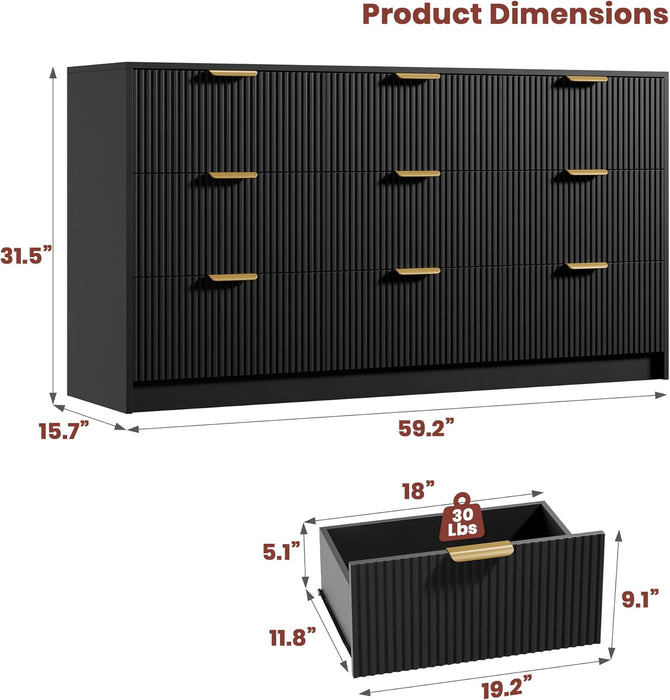 9 Drawers Dresser for Bedroom - 59" Wide Modern Fluted Chest of Drawers with Golden Metal Handles, Large TV Stand Multi-Function Home Organizer for Living Room, Entryway, Hallway, Black