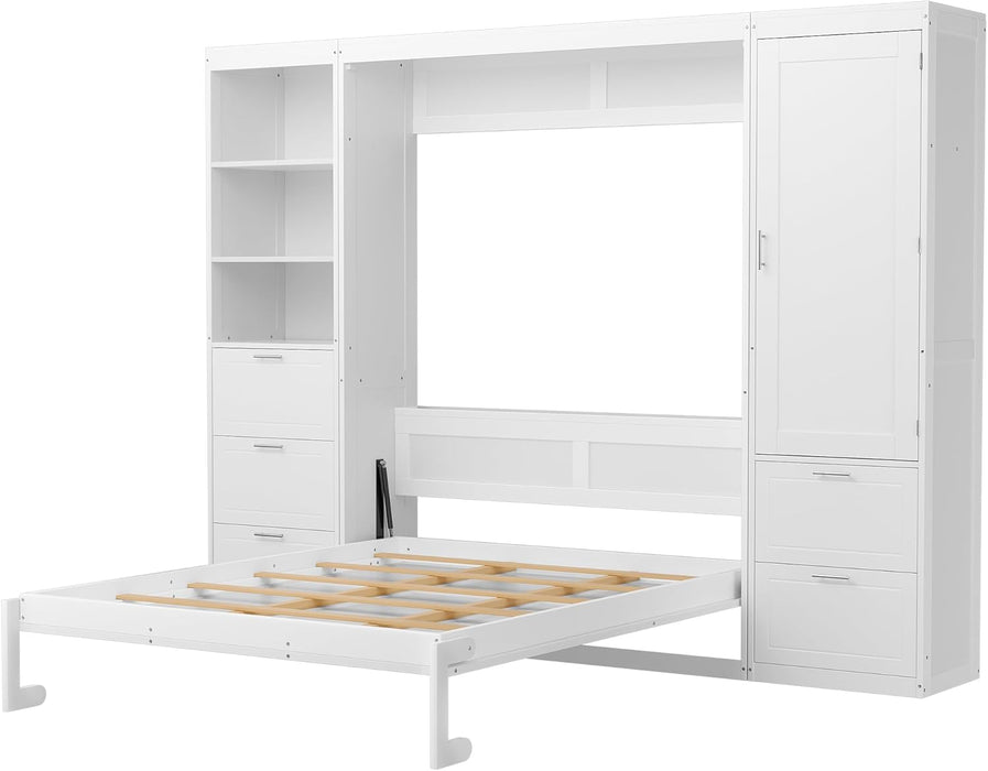 Queen Size Murphy Bed with Wardrobe and Storage Drawers & Storage Shelf,Wall Bed Frame Folding into Cabinet Design for Small Space,Bedroom,Guest Room,White