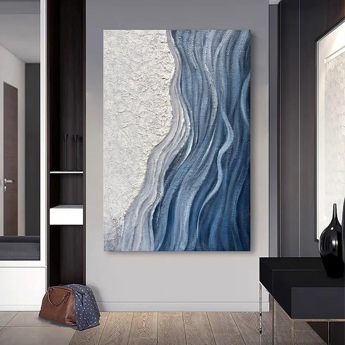 Art 60X40 Inches Hand-Painted Blue and White Textured Art Oil Painting - Modern Abstract Sea Wave Landscape Art - Large Wall Decoration Suitable for Home Office Decoration