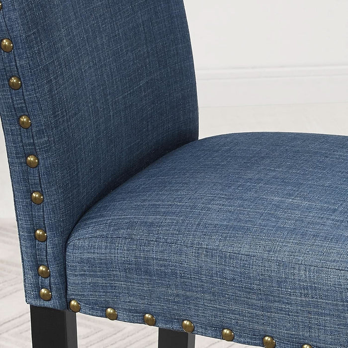 Collection Biony Espresso Wood Counter Height Dining Set with Blue Fabric Nailhead Stools,