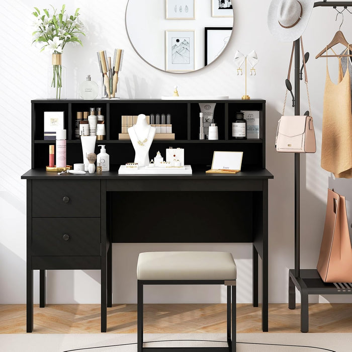 Black Desk with Drawers & Hutch, Home Office Desk with Charging Station, 5 Storage Cubbies, Makeup Vanity Table, Modern Study Writing Desk, PC Laptop Desks, Computer Workstation for Bedroom