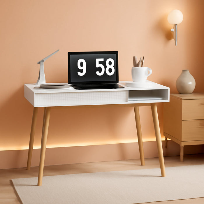 White Desk Mid Century Modern Desk Wooden Desk with Drawer Small Office Desk Mid Century Computer Desk White Makeup Table