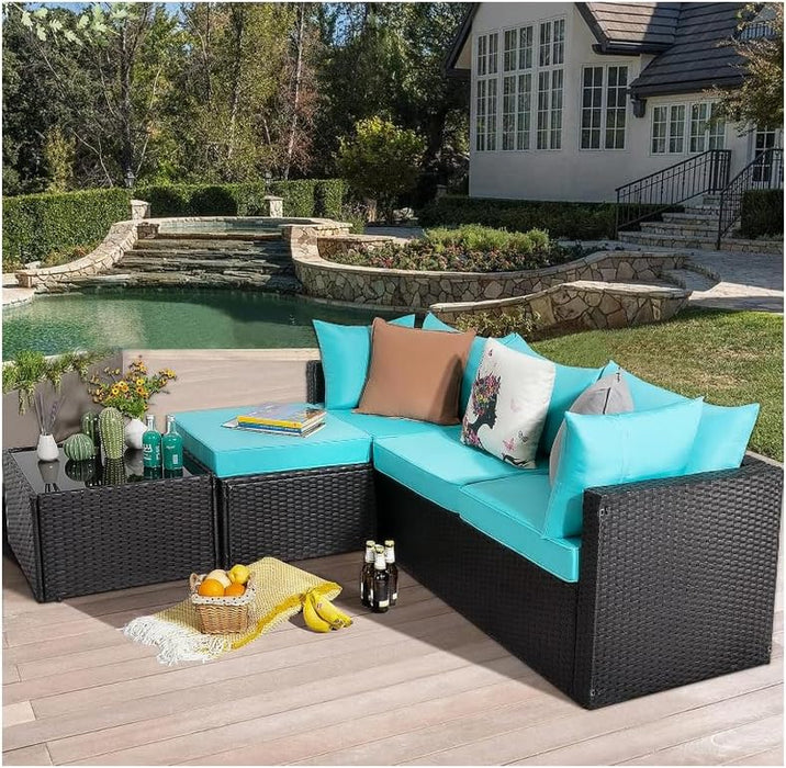 5 Pieces Patio Furniture Sets, Outdoor Sectional Sofa, All Weather Rattan Wicker Couch with Glass Table, Patio Conversation Set for Porch Backyard Garden Pool Deck Balcony