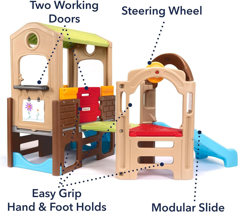 Young Explorers Indoor Outdoor Playset for Kids – Modular Climber, Slide & Playhouse Combo – Expandable Toddler Activity Center with Crawl Tunnel, Doors & Easel for Backyard or Playroom