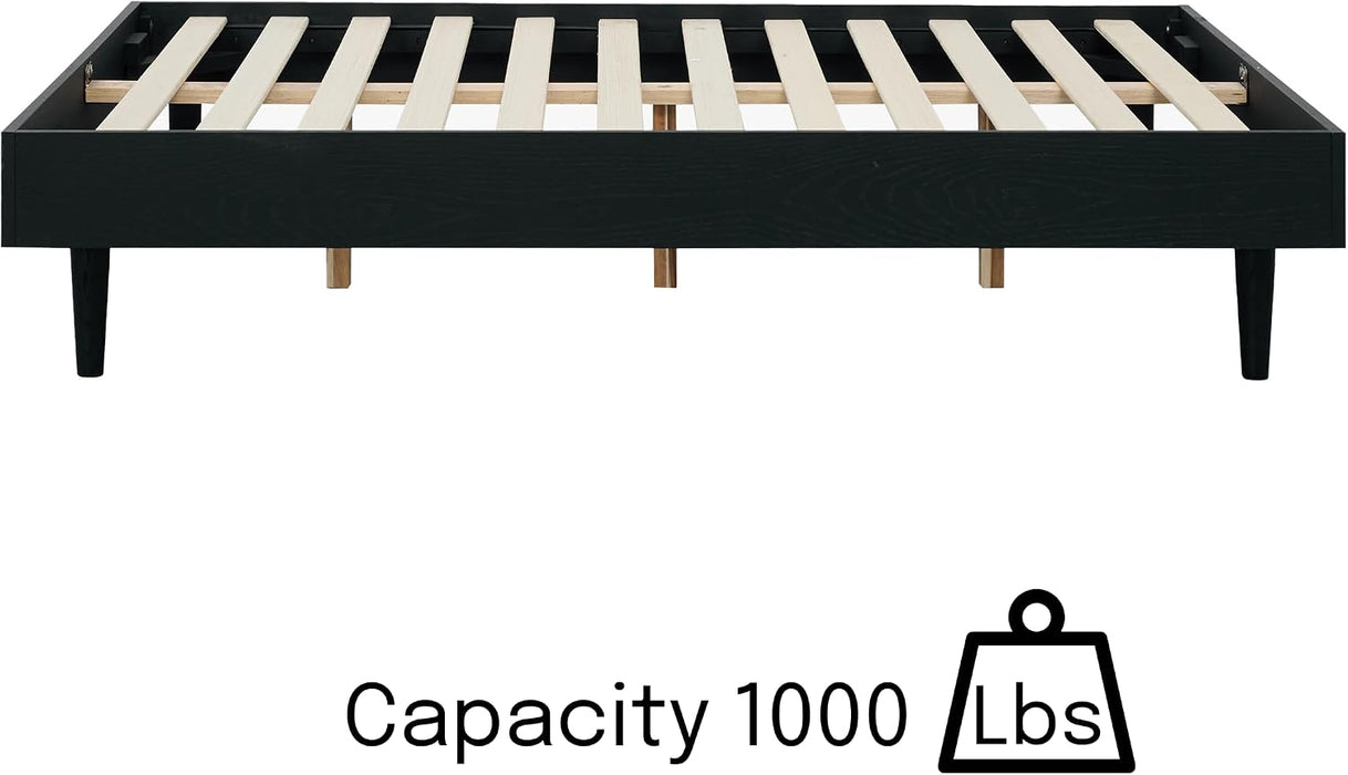 Fly Wooden Bed Frame without Headboard, Solid Wood Foundation with Silent Slats and Wood Central Supports, 1000 Lb Capacity, Effortless Assembly, Full - Burnt Black