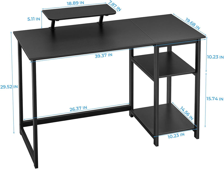 Computer Desk 39 Inch with Monitor Stand, Office Desk with Adjustable Storage Shelves, Small Gaming Desk for Home Work Writing Study, Black