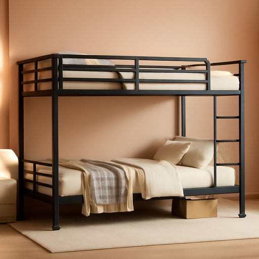 Twin XL over Twin XL Bunk Bed Frame, Heavy Duty Metal Loft Bed for Adults/Teens, 350/500LB Capacity W/Ladder & Guardrail, Noise-Free Steel Slats, No Box Spring Required, Black