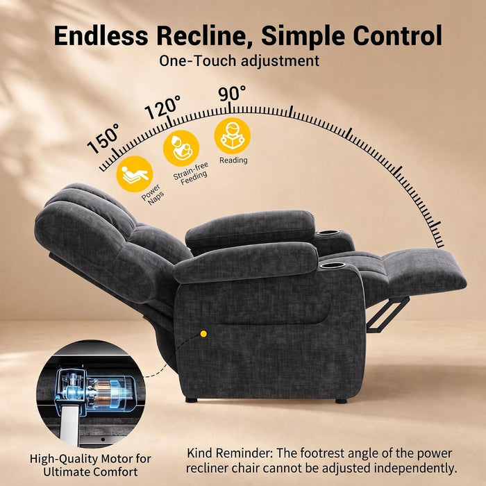 Power Recliner Chair for Adults, Electric Recliner for Living Room, Zero-Gravity Single Reclining Armchair with USB Port, Side Pockets, Cup Holders, Chenille, Dark Gray