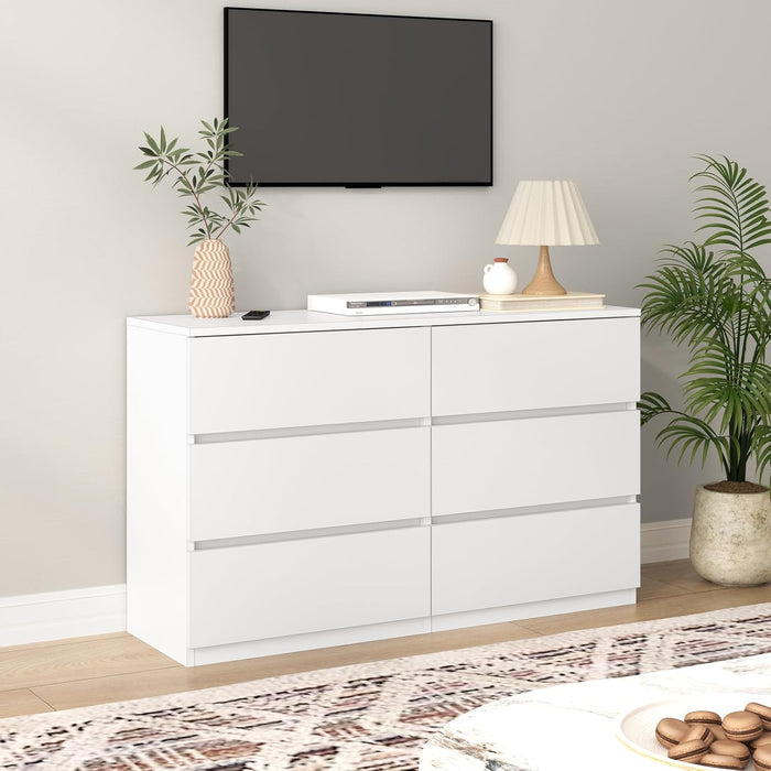 6 Drawer Dresser for Bedroom, Modern White Chest of Drawers No Handles Large Storage, Wood Dressers with Wide Drawers for Closet, Living Room, Home Office(43.3" W X13.4 Dx 26.4" H)