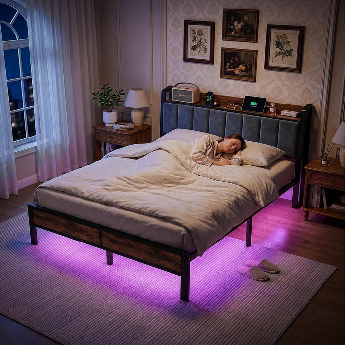 Queen Size Bed Frame with Storage Headboard, LED Lights
