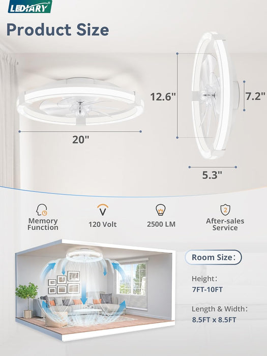 Ceiling Fans with Lights, 20 Inch Low Profile Ceiling Fan with Remote, 6 Speeds, Reversible, Dimmable Flush Mount Fan Light, Modern Fandelier Ceiling Fan with Lights for Bedroom, White