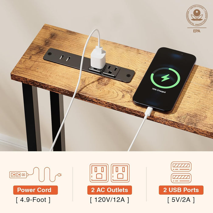 70" Narrow Console Sofa Table - Power Outlets & 2 USB Ports, Metal Frame, Rustic Brown, Perfect for Hallway, Office, and behind Sofa - Easy Assembly, 4.9' Extension Cord Included