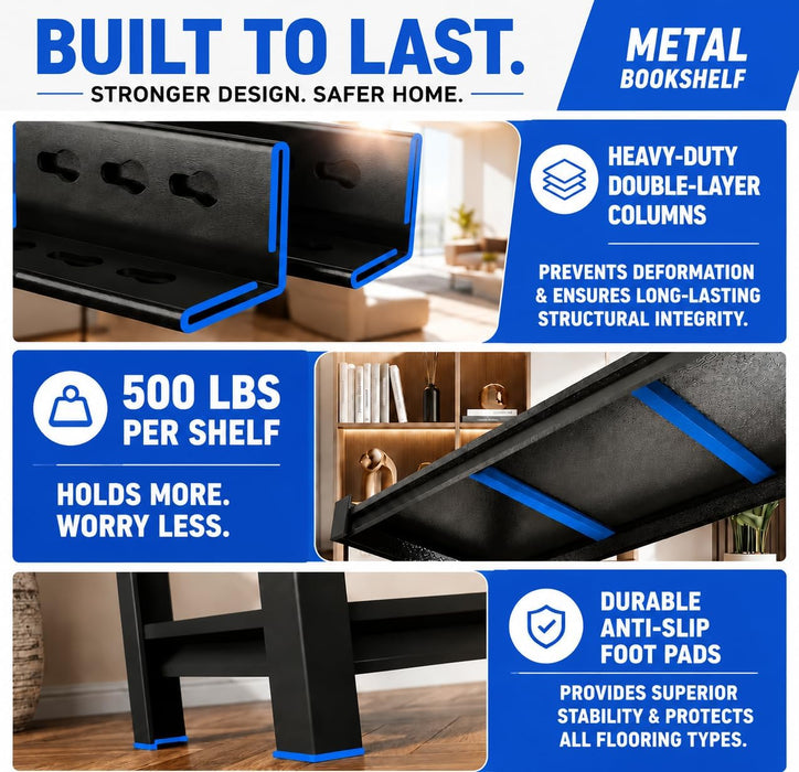 Metal Bookshelf, 5-Tier Adjustable Industrial Bookcase with Anti-Tip Kit | 2500LBS Boltless Steel Storage Shelves for Living Room, Bedroom & Home Office, 36"W X 16"D X 72"H