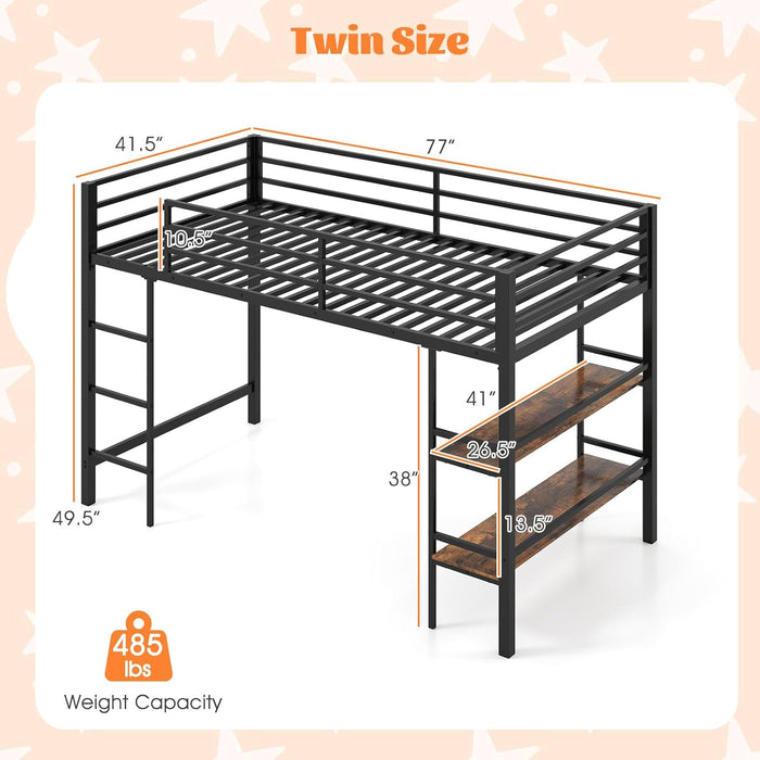 Low Loft Bed Twin Size, Heavy Duty Metal Frame W/Storage Shelves, Ladder & Full-Length Guardrails, Ample Under-Bed Space, Kids Loft Bed with Stairs for Boys Girls Junior, No Box Spring Needed