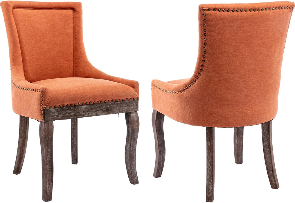 Modern Dining Chairs Set of 2, Fabric Upholstered High Back Chairs with Nailhead Trim and Curved Solid Wood Legs, Sillas De Comedor Accent Chairs for Dining Room, Orange