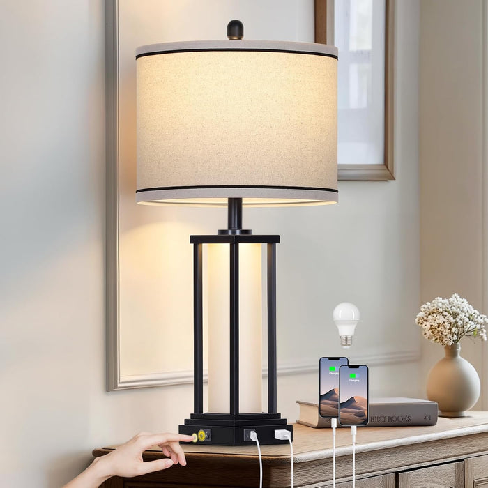 27Inch Tall Bedside Table Lamps with Charging Ports for Living Room,Traditional Lamp with Night Light for Bedroom Nightstand,Single Black
