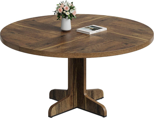 round Dining Table for 4, 47 in Farmhouse Circle Kitchen Table with Wood Tabletop and Stable Base, for Home Dining Room Living Room, Brown (Only Table)