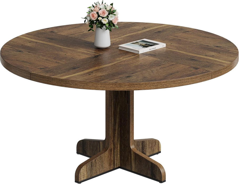 round Dining Table for 4, 47 in Farmhouse Circle Kitchen Table with Wood Tabletop and Stable Base, for Home Dining Room Living Room, Brown (Only Table)