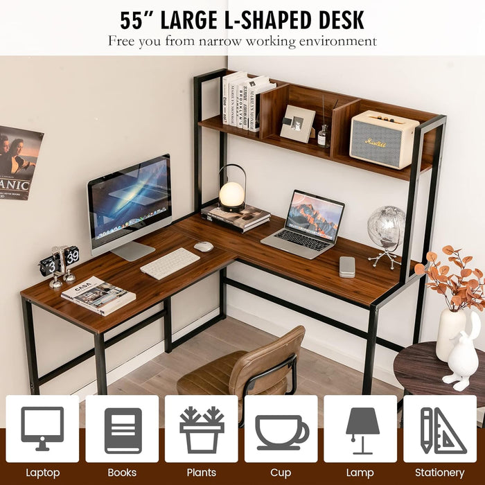Reversible L-Shaped Desk with Hutch, Space Saving Corner Computer Desk with Storage Shelves, Home Office Study Writing Desk Computer Workstation with Storage Bookshelf, Gaming Desk