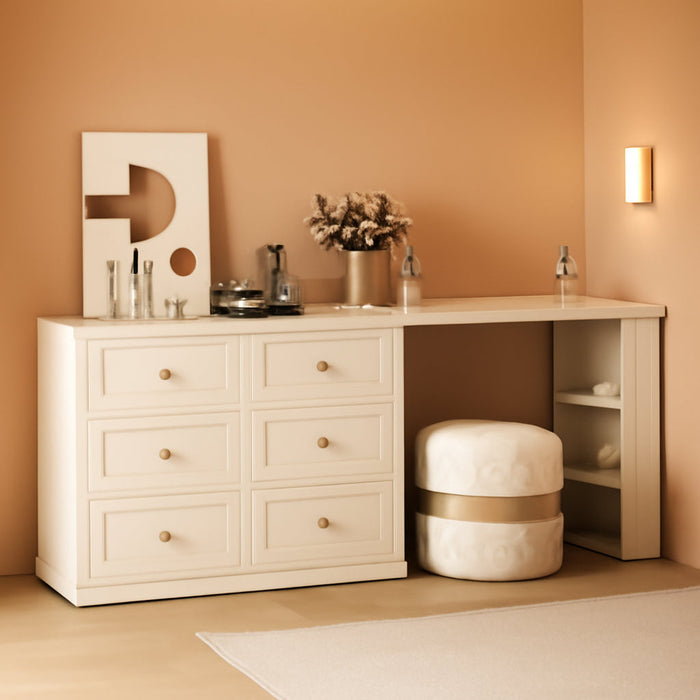 Extendable Vanity Desk and Dresser Combo, 67" Makeup Vanity Table with Drawers and 3 Side Shelves, Wood Dressing Table for Bedroom, Dressing Room, Beige