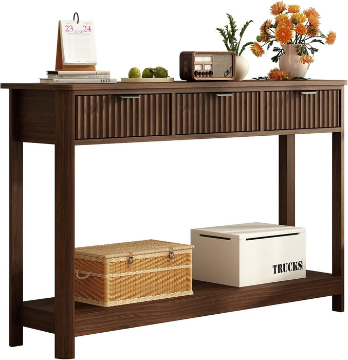 Fluted Wood Console Table with 3 Drawers, Boho Narrow behind Couch Entryway Table with Open Storage Shelf, Modern Sofa Table for Living Room, Foyer and Hallway (Dark Walnut)