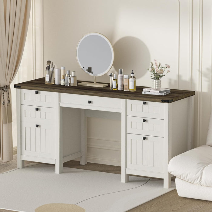 Executive Desk, Farmhouse Computer Desk with Drawers & Cabinet, Home Office Desk for Work Study Writing Workspace (Antique White, 45")
