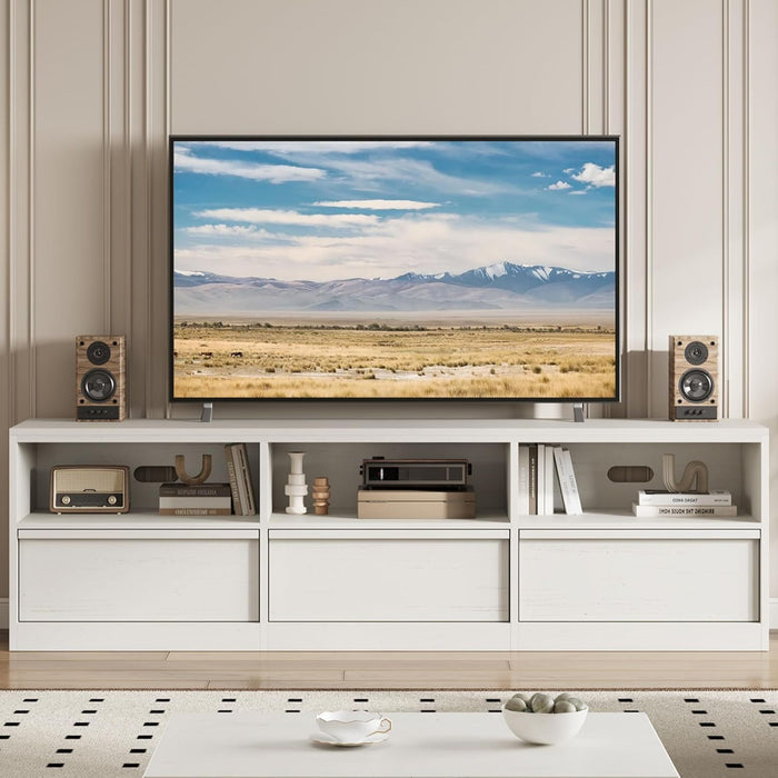 70In TV Stand for Tvs up to 85", Mid Century Modern Entertainment Center with Storage Drawer & Open Shelves, Heavy Duty Media Console for Living Room and Bedroom, White