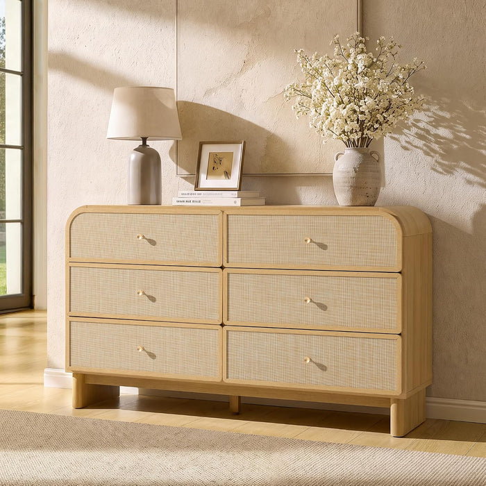 6 Drawer Rattan Dresser for Bedroom 55" Wide Chest of Drawers