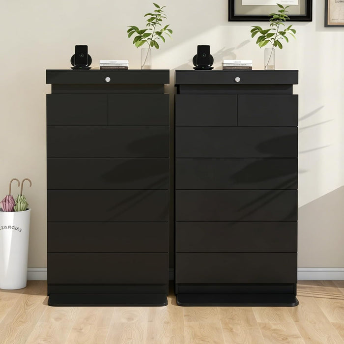 51" Tall Black Dresser 7 Drawer with LED Lights & Charging Station