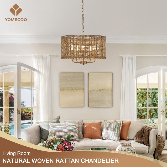 Golden Handwoven Rattan Drum Chandelier Dining Room