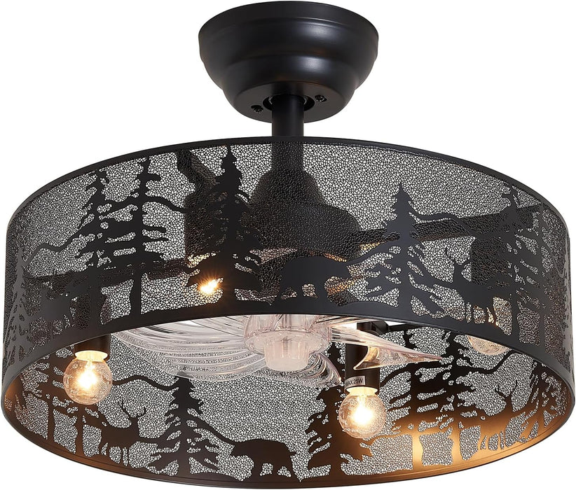 Rustic Ceiling Fan with Light and Remote, Black round Fandelier