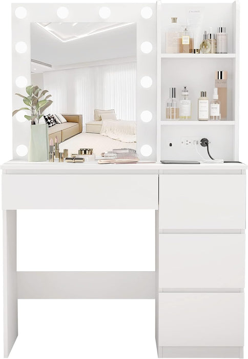 Makeup Vanity with Lights, 37Inch Vanity Desk with Power Strip, 4 Drawers Makeup Table with Lighted Mirror, 3 Lighting Colors, White