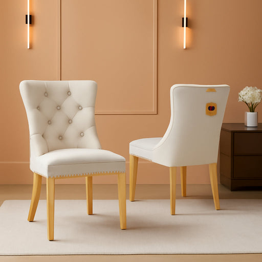 Velvet Dining Chair Set of 2 Upholstered Tufted Dining Room Chair with Nailhead Trim and Stainless Steel Gold Plated Legs for Kitchen, Restaurant, Beige