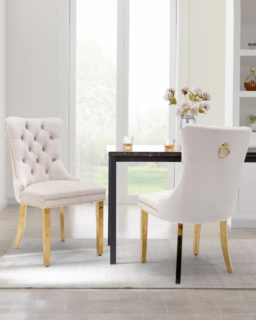 Velvet Dining Chair Set of 2 Upholstered Tufted Dining Room Chair with Nailhead Trim and Stainless Steel Gold Plated Legs for Kitchen, Restaurant, Beige